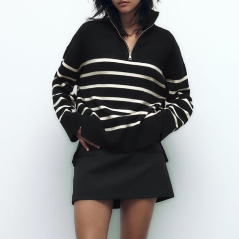 ZARA Zip Black/Whit Knit Striped Sweater Sz XL